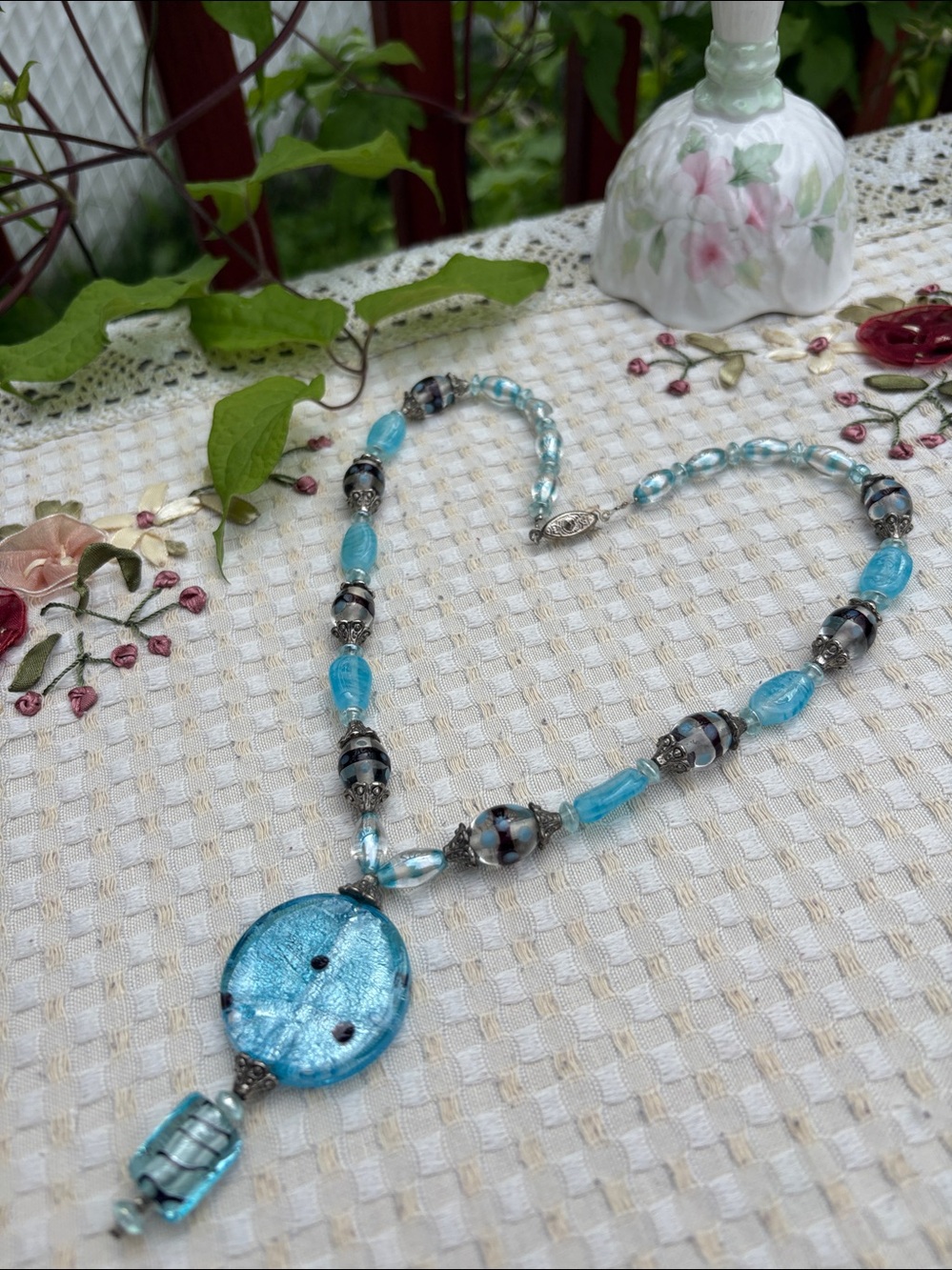 Vintage Handmade Murano lampwork Glass Beaded Statement Necklace#364